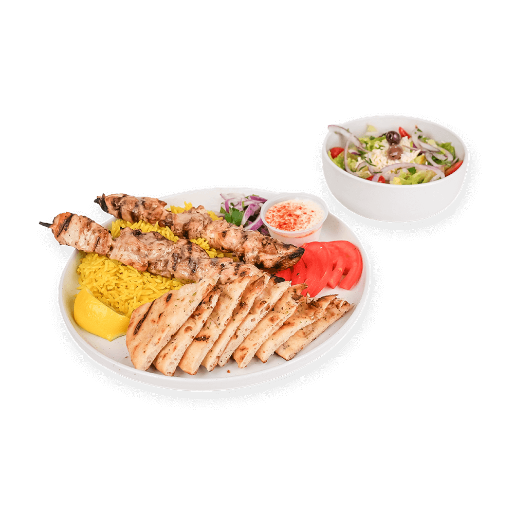Chicken souvlaki plate with fries